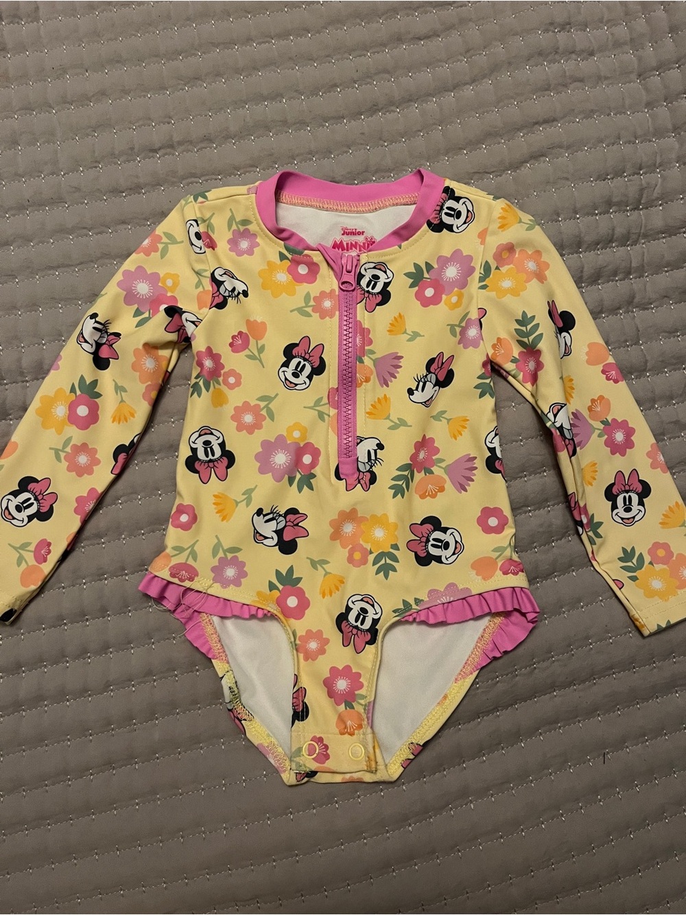Disney Yellow Minnie Mouse Floral Long-Sleeve One-Piece Swimsuit with Pink Trim